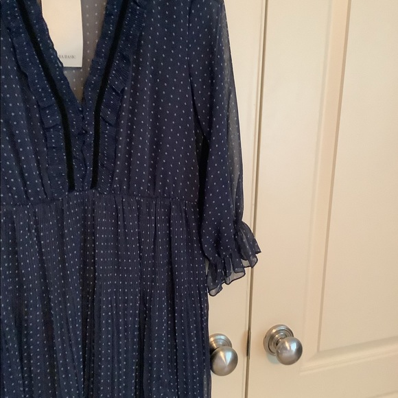 Zara Pleated Polka Dot Navy Mini Dress Large - Picture 3 of 5